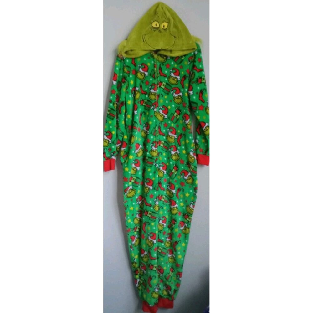 The Grinch Halloween Costume 1 Piece Hooded Pajama Jumpsuit Fleece Women L 12/14